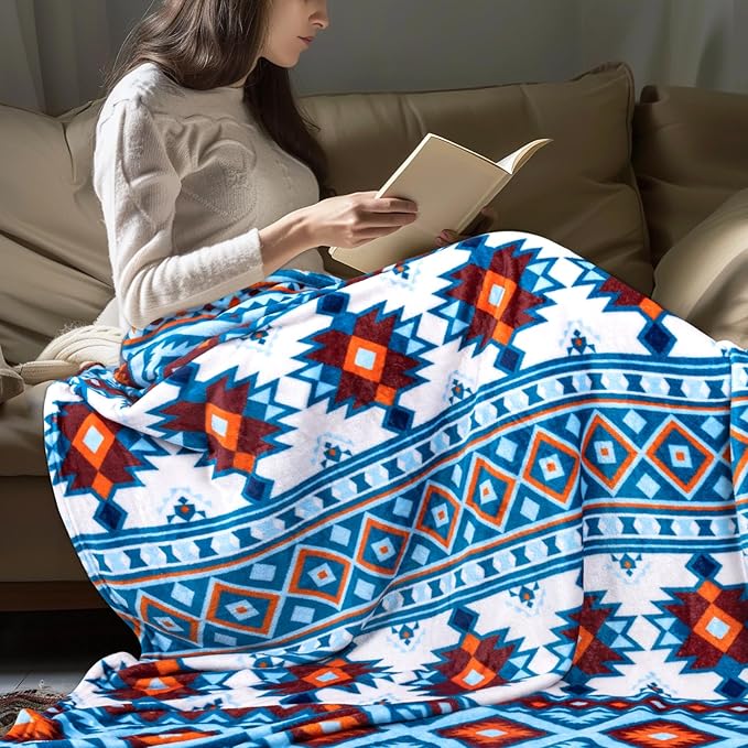 MACEVIA Flannel Boho Blanket for Couch, Country Western Aztec Blankets for Home Decor, Southwestern Colorful Throw Blanket with Tassel, Soft Cozy Bohemian Blanket for Bed (Boho Blue, 50x60inches)