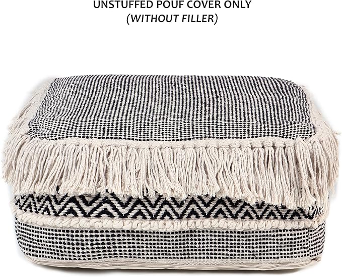 REDEARTH · UNSTUFFED Pouf Ottoman Cover Textured Storage Cube Boho Bean Bag Footrest Stool for Living Room, Bedroom,Nursery, Farmhouse, Kidsroom, Patio, Gym; 100% Cotton (20"X20"X8"; Black)