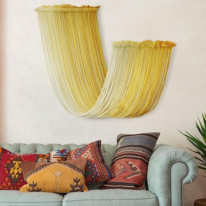Macrame Wall Hanging Yellow Dip Dyed Fiber Yarn Wall Art Macrame Wall Decor Boho Wall Decor Handmade Craftsmanship 15.7" Wx 47.2" L