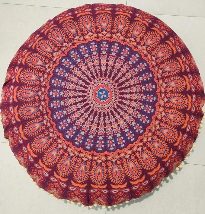ICC 32" Indian Mandala Ottoman Throw Pouf Cover Seating Ottoman Cover Ethnic Cushions Bohemian Decor Fall Decor Pouf Case Decorative Footstool Round Floor Maroon
