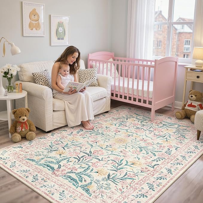 Lahome Sylvie Pink Bedroom Rug for Girls Room Decor, 5x7 Washable Cute Playroom Nursery Rug, Soft Floral Low Pile Carpet for Kids Living Dining Room Indoor, Pink/Multi