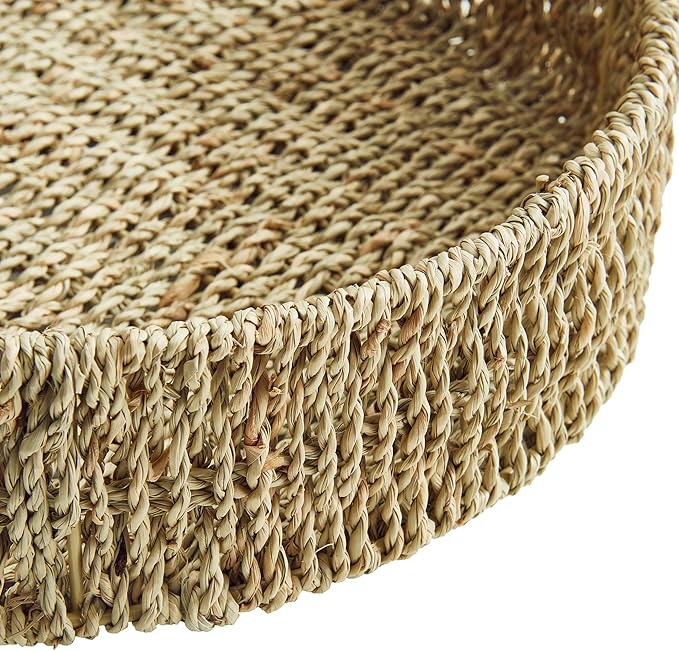 13 inch Round Wicker Tray, Hand-Woven Rattan Serving Trays with Handles for Snack Drinks Coffee Table Tray, Seagrass 1Pack
