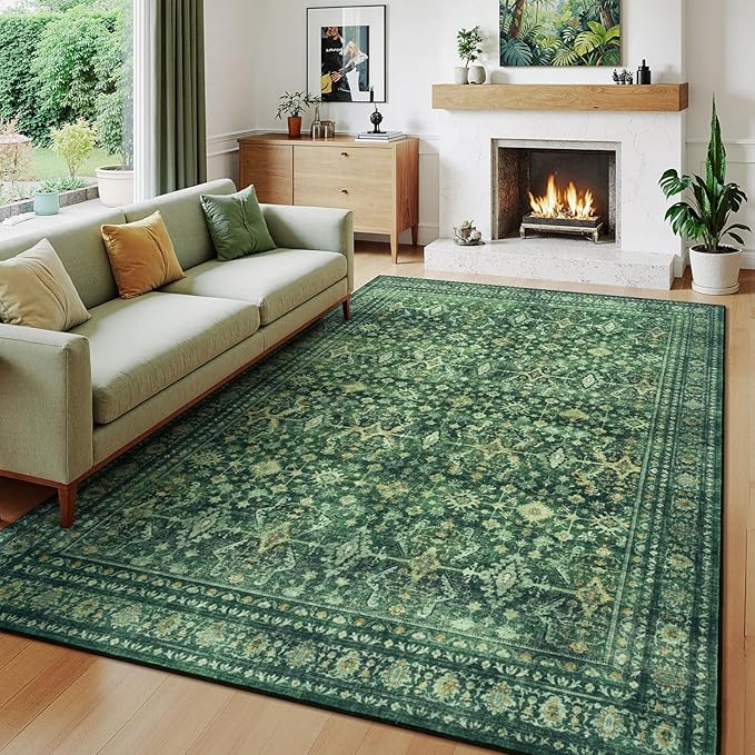 Lessymo 6x9 Washable Area Rug with Non Slip Backing,Soft Boho Indoor Carpets for Living Room Bedroom Nursery, Kid and Pet Friendly, Green