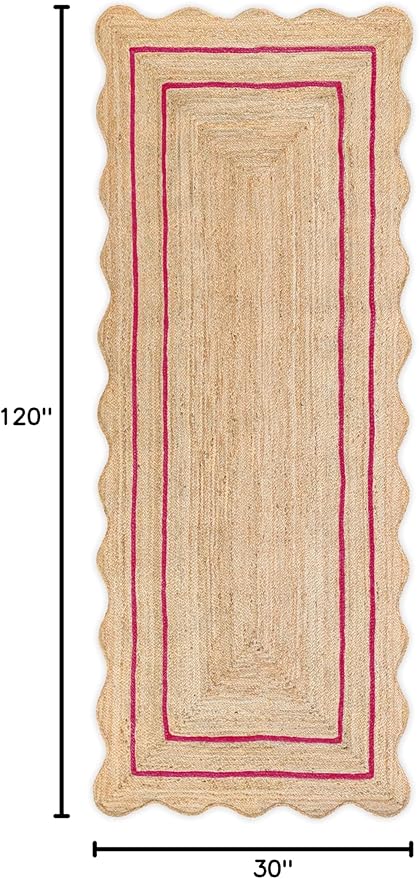 Wave Scalloped Natural Jute Runner Rug, Dark Pink (2'6"x10")