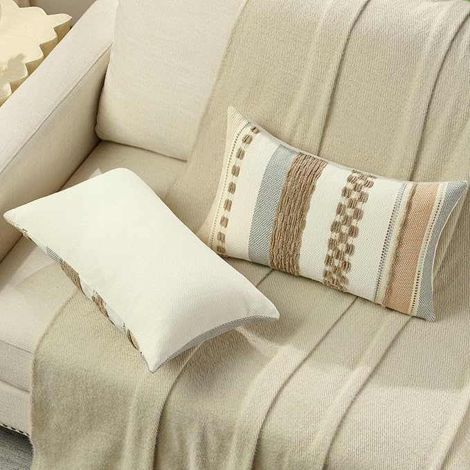 FUTEI Khaki Decorative Throw Pillow Covers 12x20 Inch Set of 2, Soft Tufted Striped Textured Accent Pillow Case,Boho Pillows for Couch Decor