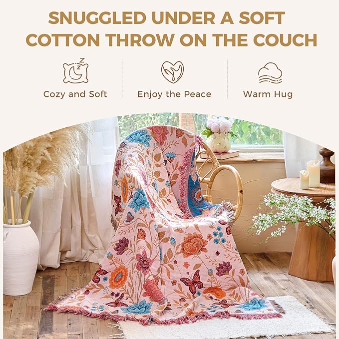 Boho Throw Blanket for Couch Sofa Chair Cotton Spring Blankets for Bedroom Living Room All Season Soft Lightweight Reversible Floral Butterfly Embroidery Decorative Throws 50"x60" Home Decor