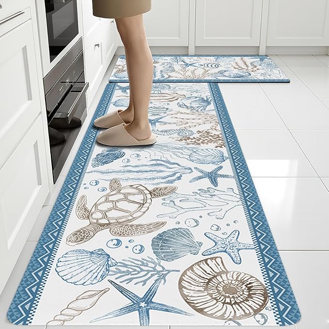 Coastal Rugs for Kitchen Floor, Beach Anti Fatigue Mats for Kitchen Floor Non Slip, 2PCS Rubber Ocean Coral Kitchen Mat, Washable Cushioned Runner Carpet for Sink Laundry 15.7"×27.5" +15.7"×47" 3.5mm