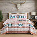 HORIMOTE HOME Southwestern Aztec Quilt Set Queen/Full Size - 3-Piece Tribal Geometric Pattern Bedspread with 2 Pillow Shams, Boho Rustic Bedding Set All Season Quilted Coverlet （Terracotta/Teal）