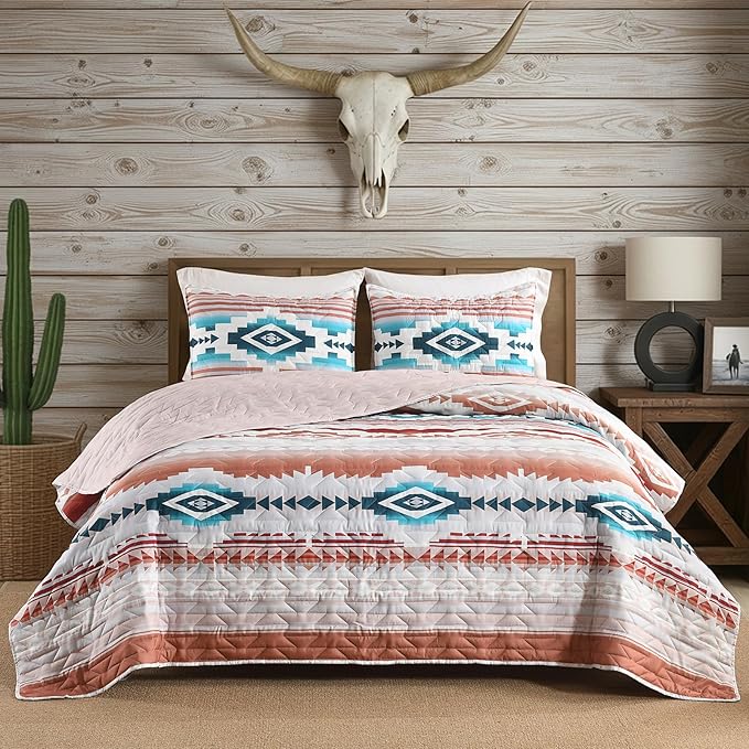 HORIMOTE HOME Southwestern Aztec Quilt Set Queen/Full Size - 3-Piece Tribal Geometric Pattern Bedspread with 2 Pillow Shams, Boho Rustic Bedding Set All Season Quilted Coverlet （Terracotta/Teal）