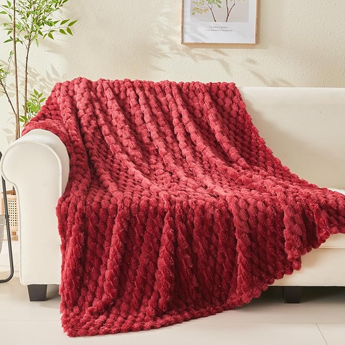 NEWCOSPLAY Super Soft Twin Blanket Red Premium Silky Flannel Fleece 3D Clouds Stylish Jacquard Lightweight Bed Blanket All Season Use 350GSM (Red, Twin(60"x80"))