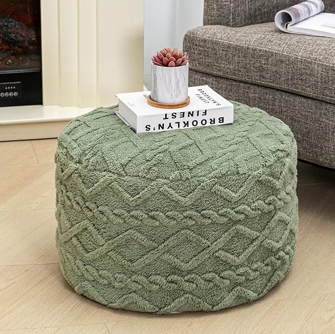 Round Pouf Ottoman Stuffed 20x12 Inches Floor Pouf Chair for Living Room Bedroom Modern Foam Pouf Ottoman Foot Rest for Couch Home Decor Pouffe Sage Green