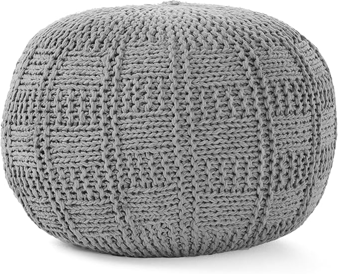 Handcrafted Knitted Cotton Round Pouf - 20x20, Modern Design, Soft and Comfortable, No Assembly, Home Decor, Knit Ottoman, Boho Floor Pouf for Living (Gray)