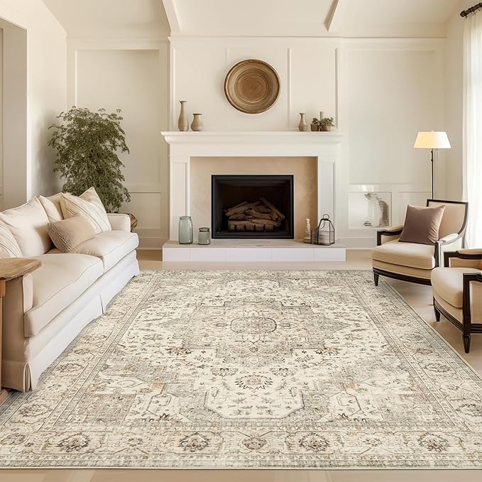 10x14 Area Rugs for Living Room - Large Washable Rug with Non-Slip Backing, Super Soft Vintage Carpet for Bedroom, Ultra-Thin Farmhouse Indoor Area Rug Home Decor (Ivory/Beige, 10'x14')