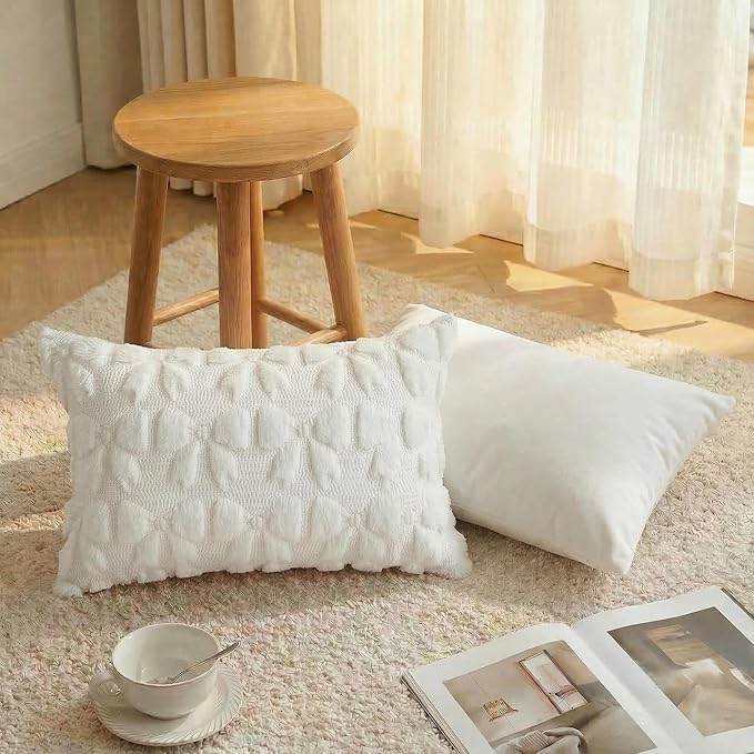AVOIN colorlife Cream White Spring Bow Throw Pillow Covers Set of 2, 12 x 20 Inch Coquette Aesthetic Room Decor Soft Plush Faux Fur Cushion Case for Girls Room