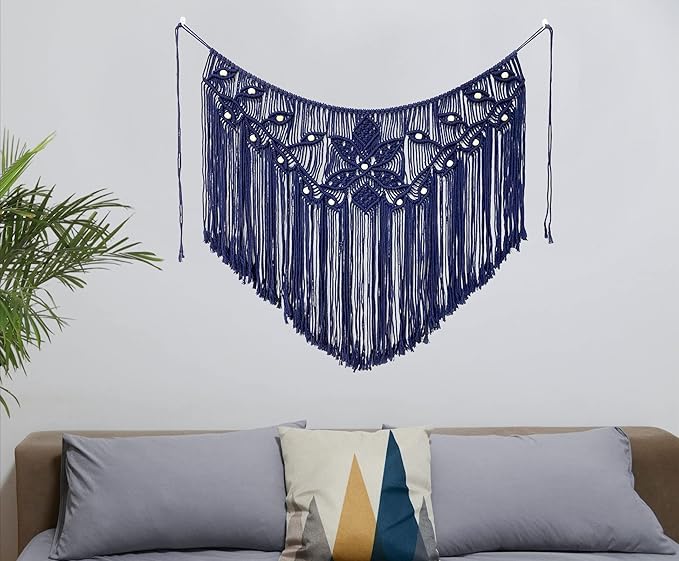 Youngeast Home Decor Leaf Shape Macrame Wall Hanging Woven Tapestry Bedroom Curtain Fringe Garland Banner Living Room Wall Decor Navy 39X31 inches