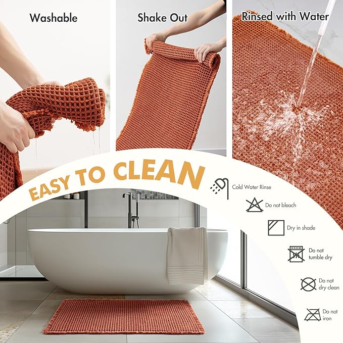 MIULEE Orange Set of 2 Waffle Bathroom Rugs, Boho Bath Rugs Non Slip Washable, Super Absorbent Bath Mats, Ultra Soft Rubber Backed Shower Mats for Bathroom Floor, Tub, 17"x24"+17"x48"
