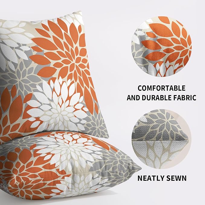 Orange White Grey Gray Pillow Covers 20X20 Inch Set of 2, Modern Dahlia Floral Print Decorative Throw Pillow Covers Outdoor Farmhouse Cushion Case for Home Couch Sofa Bed Decoration