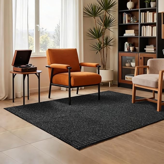 Softlife 4x6 Faux Jute Area Rug, Washable Rugs for Entryway Modern Farmhouse Non-Slip Accent Rug Floor Carpet for Dining Room Living Room Bedroom Kitchen Entryway, Black