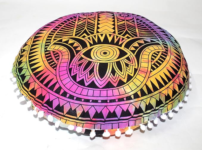 CRAFT KALA Boho Large Floor Pillow Pouf Cover Mandala Meditation Room Pillow Cover for Adults Round Bohemian Seating Pouf Cushion Cover for Kids Playroom 22" Multi Hamsa