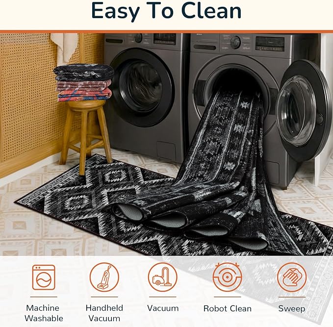 Area Rug 6x9 Rug Machine Washable Non-Slip Low Pile Print Pattern Western Rug for Living Room Bedroom Entryway Tribal Series -Black