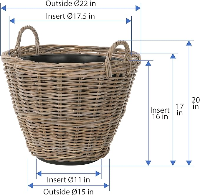 Kouboo Round Rattan Planter Basket with Handles - 11 Gallon Plastic Pot Liner with Drain Holes Included - No Saucer - Indoor and Outdoor Use