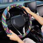 SEG Direct Steering Wheel Cover Handwoven Flax with Geometric Patterns, Anti-Slip & Breathable, Ethnic Style Steering Wheel Protector, Fits 14.5" - 15.25" Wheels