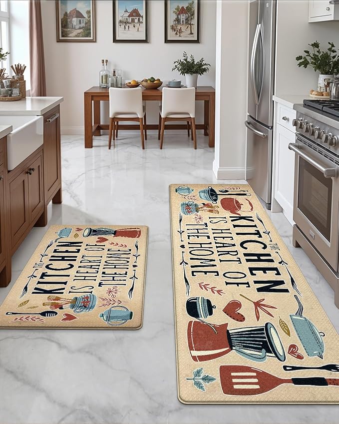 DEXI Kitchen Mats for Floor 2 Piece Set,17x29+17x59, Cushioned Standing Mat Anti Fatigue, Waterproof Comfort Farmhouse Padded for Laundry Room Office, Beige/Black
