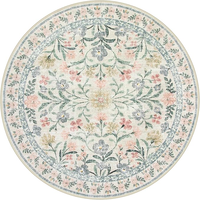 Lahome Sylvie Round Boho Floral Rugs 4ft, Cream Washable Circle Rugs for Bedroom Nursery, Vintage Beige Circular Carpet, Soft Non-Slip Carpet for Kids Room Playroom Calm Corner, Beige