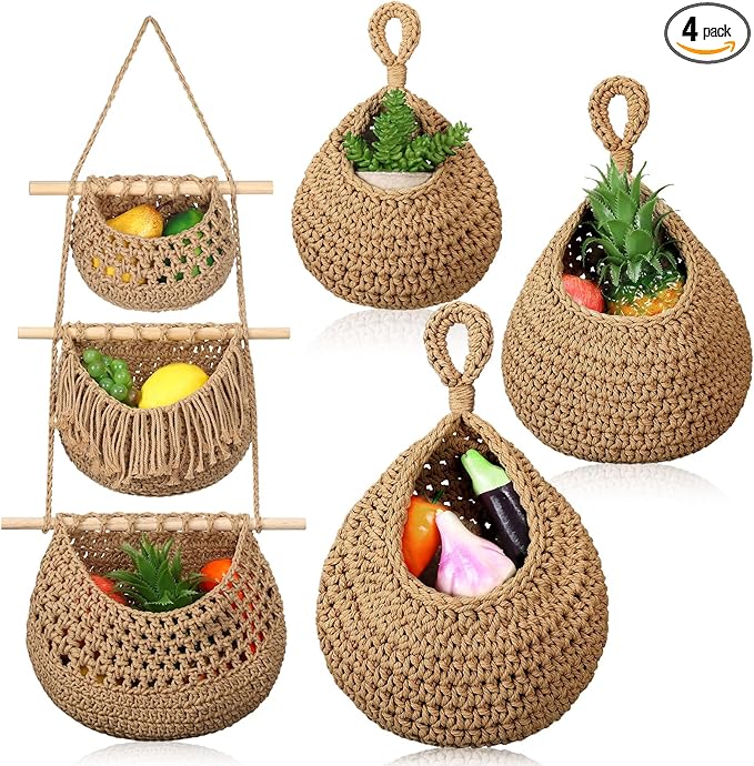 Windyun 4 Pcs Hanging Fruit Basket Teardrop Baskets Handmade Woven Cotton Rope 3 Tier over the Door Organizer Hanging Boho Wall Decor for Storage Kitchen(Brown)