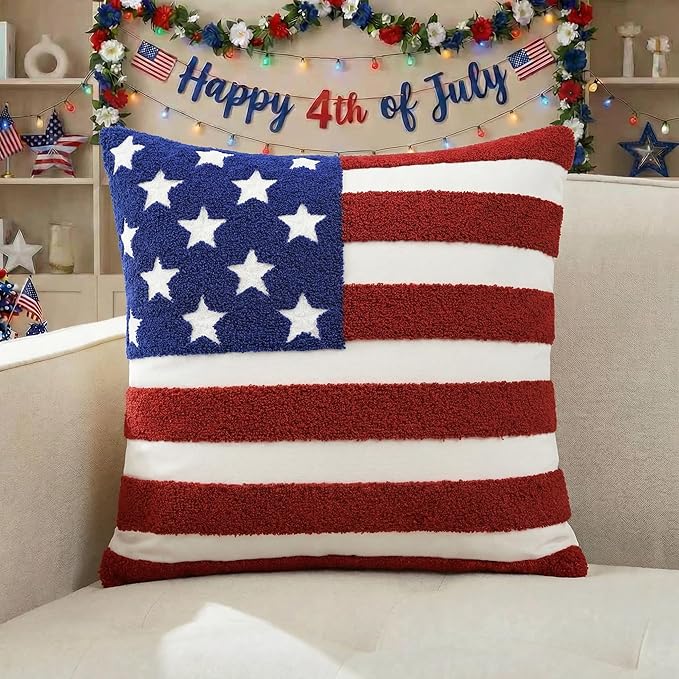 AVOIN colorlife 4th of July Patriotic Striped Star Flag Embroidered Throw Pillow Cover, 18 x 18 Inch Independence Day Decor Tufted Patterned Linen Cushion Case for Sofa Couch