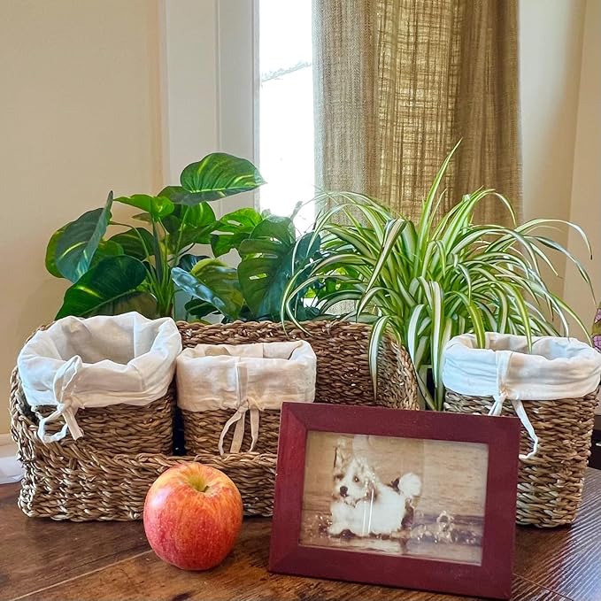 Organizer Basket Set, Set of 4, Includes 3 Lined Removable Bin-Baskets, One Caddy-Utility Basket, Handmade, Sea Grass, Cotton, Bow Ties, Honey Color, 15.75 Inches