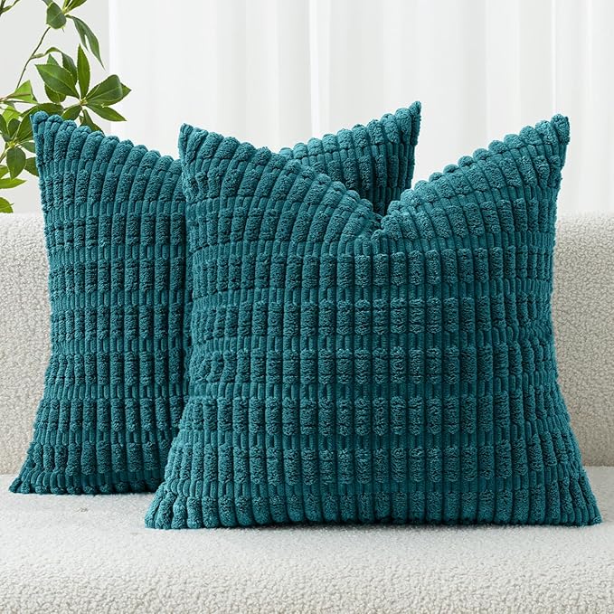 MIULEE Pack of 2 Corduroy Decorative Throw Pillow Covers 16x16 Inch Soft Boho Striped Pillow Covers Modern Farmhouse Home Decor for Summer Coastal Sofa Living Room Couch Bed Teal