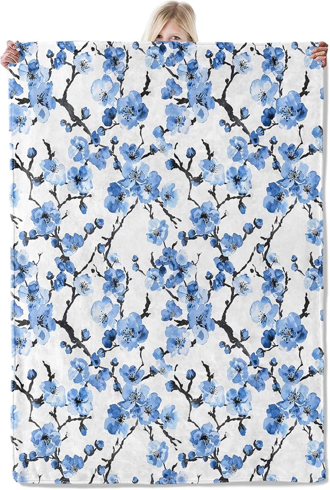 Blue Plum Blossom Blanket 40×50 Inch,Asian Ink Painting Style Lightweight Flannel Throw with Japanese Botanical Flower on White,Oriental Zen Minimalist Art Home Decor,Gifts for Girls,Women