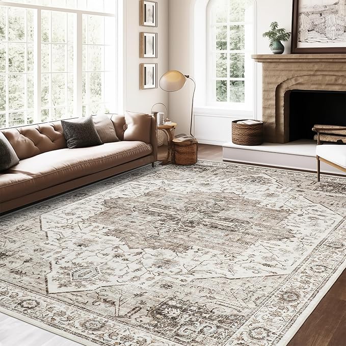 5x7 Area Rugs, Stain Resistant Machine Washable Area Rugs with Non-Slip Backing, Vintage Rugs for Bedroom, Living Room, Large Soft Low Pile Area Rug (White/Brown, 5'x7')