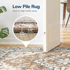 Lessymo Washable Area Rugs 6 x 9, Boho Area Rug Low Pile for Bedroom Living Room Kitchen, Ultra-Soft Faux Wool Vintage Area Rug with Non-Slip Rubber, Kid & Pet Friendly, Brown Beige