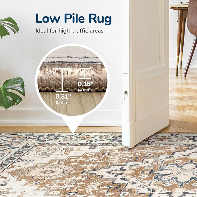Lessymo Area Rugs 10 x 14 for Living Room, Machine Washable Area Rugs Boho Faux Wool Low Pile Area Rug for Bedroom, Floral Medallion Vintage Rugs with Non-Slip Rubber, Kid & Pet Friendly,Brown Beige