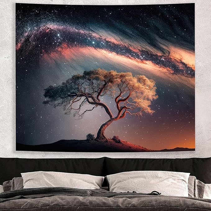 Large Space Galaxy Tree of Life Tapestry for Bedroom Aesthetics, Black Starry Sky Night Star Posters Tapestries, Nature Landscape Blackdrop Wall Hanging for Men Dorm Living Room Decor 60 X 79 Inches