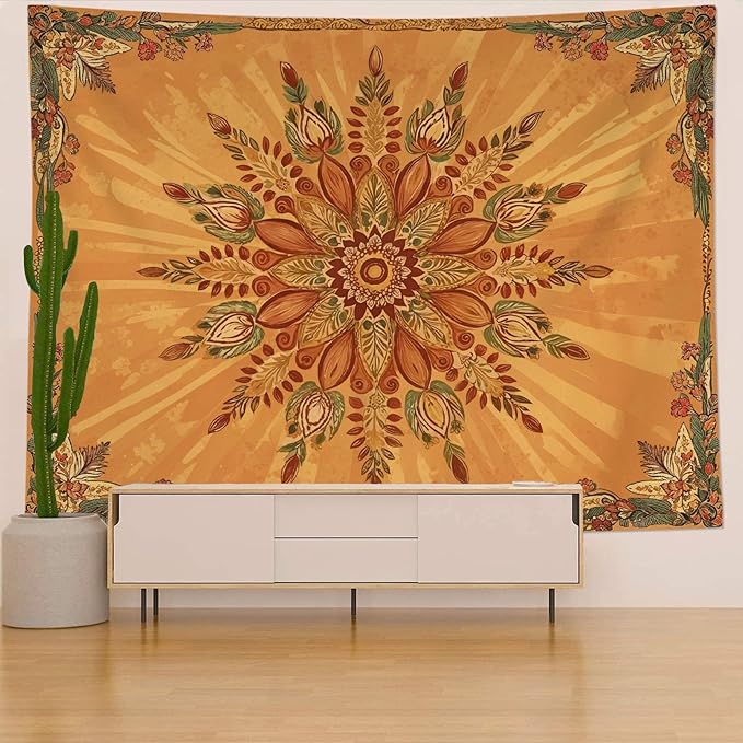 Accnicc Boho Floral Mandala Tapestry for Bedroom Bohemian Flower Wall Tapestry Aesthetic Small Vintage Orange Hippie Indian Tapestries Wall Hanging for Living Room Dorm Decor 60 x 44 Inch
