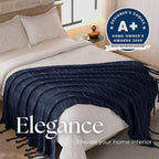 Boho Knitted Chenille Blanket with Tassels - Lightweight & Soft All-Season Throw - 3D Classic Pattern for Living Room Bedroom Couch, Royal Blue, King 90"x108"