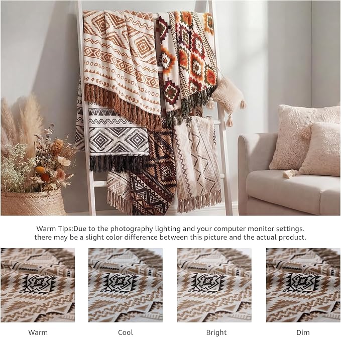 CASAAGUSTO Boho Throw Blanket - Brown White Decorative Blankets with Tassel, Printed Flannel Bohemian Blanket for Chair, Bed, Sofa, Couch(50 * 60, Brown White)