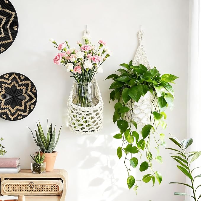 Macrame Wall Plant Hanger, Hanging Planter Basket Holder, Wall Planters for Indoor Plants, for Up to 6 Inch Pot (Ivory, 6-Inch)