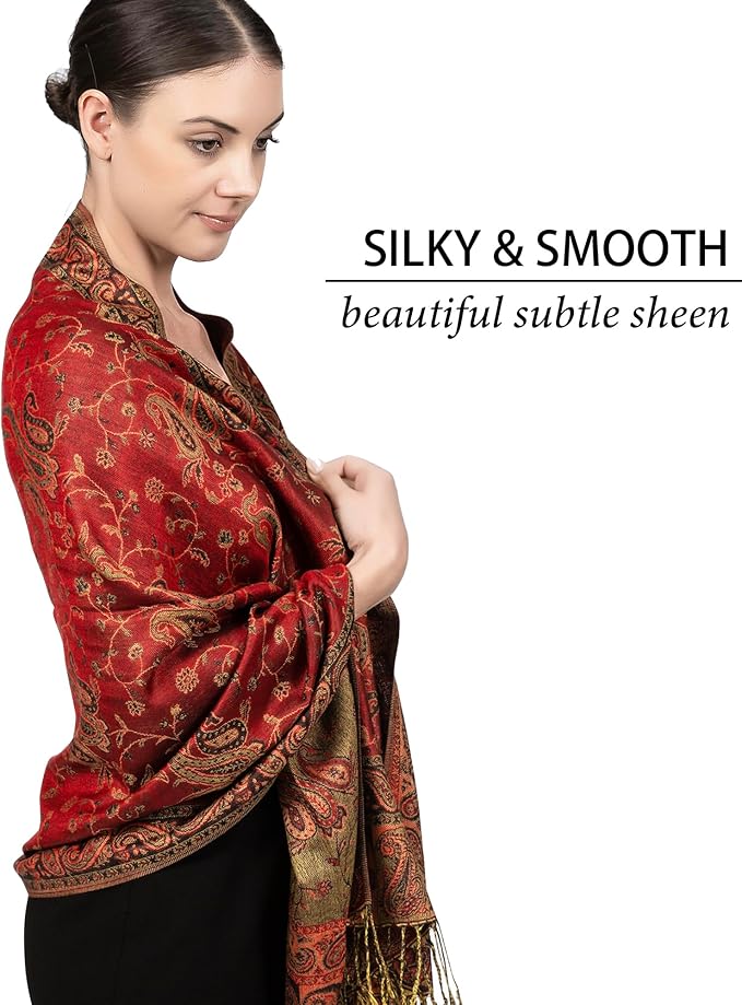 Achillea Reversible Paisley Pashmina Rave Scarf – Exotic Indian Shawls and Wraps for Evening Dresses, Festivals, All Seasons