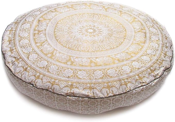 Large Hippie Mandala Round Floor Pillow Cover Ottoman Pouf Cover Daybed Cotton Cushion Cover with Heavy Duty Zipper Seating Ottoman Poufs Dog-Pets Bed (Gold Elephant Flower, 35" Round)