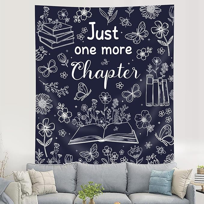 SVBright Navy Blue Reading Tapestry 51Wx59H Inch Book Lovers Wall Hanging Boho Floral Flower Fabric Butterfly Minimalist Modern Simple Line Sketch Home Decor Art for Living Room Bedroom Dorm