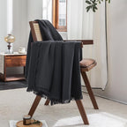 FOSSA Muslin Blanket with Fringe - 4-Layer 100% Cotton Gauze Super Soft & Breathable Throw -Lightweight Decorative Cooling Blanket for Bed, Sofa, Office (Dark Gray, Queen (90" × 90"))