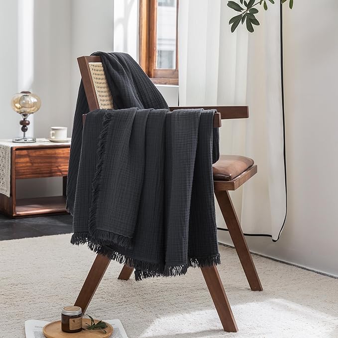 FOSSA Muslin Blanket with Fringe - 4-Layer 100% Cotton Gauze Super Soft & Breathable Throw -Lightweight Decorative Cooling Blanket for Bed, Sofa, Office (Dark Gray, King (104" × 90"))