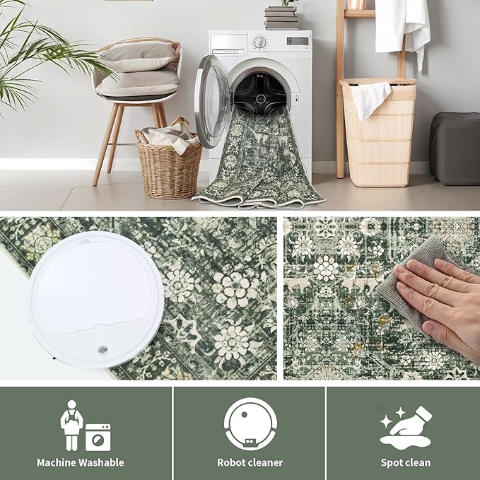 Area Rug 9×12 Washable Rugs for Bedroom, Vintage Floral Rug Soft Non Slip Stain Resistant Carpet for Living Room Dinning Room Kitchen Home Office Green Black