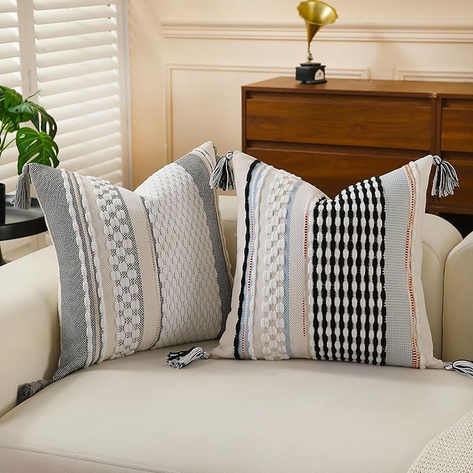 Set of 2 Boho Pillow Covers with Tassels Black White 18x18 Inch Farmhouse Decorative Chenille Tufted Striped Throw Pillow Covers, Neutral Accent Square Pillowcase for Couch Bed Living Room