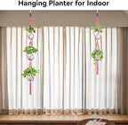 USLAI Macrame Plant Hanger Indoor Outdoor, Up to 4-15 inch Pot, Heavy 20lb Planters, Extra Long Strong Hanging Planter Basket Holder, Boho Home Decor, 49+72 Inch, Pink (POTS NOT Included)