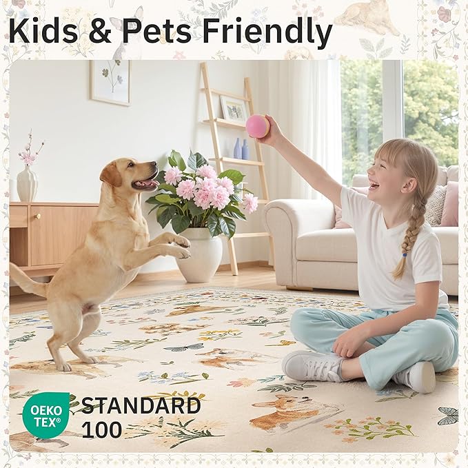 Dog 6x9 Area Rugs for Living Room, Machine Washable Animal Floral Vintage Rug Non-Slip Low Pile Soft Throw Rugs for Bedroom Dining Room Kitchen Nursery Playroom (6 x 9,Beige)